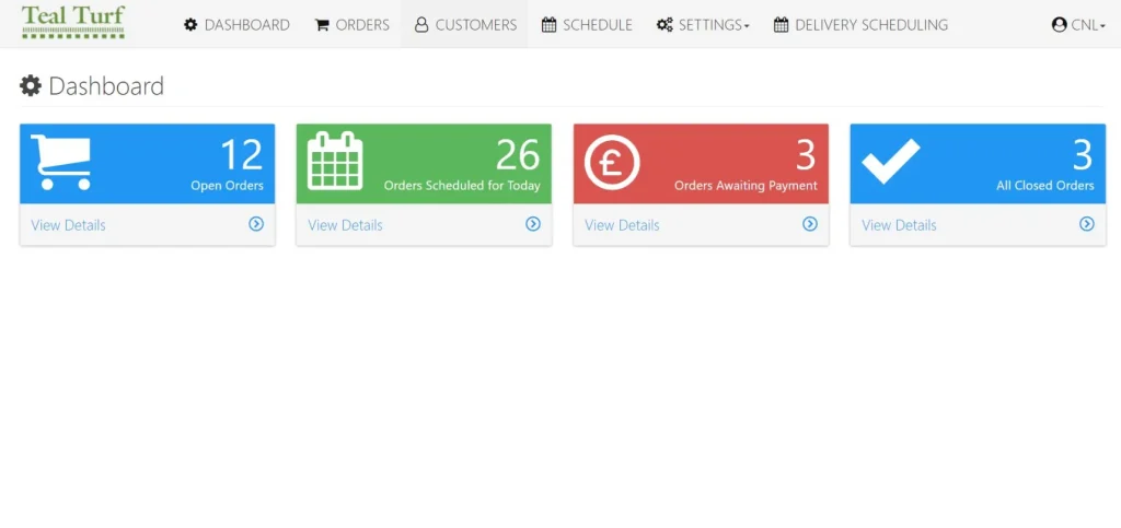 Teal Turf Dashboard of the Bespoke business Application built by Charlton Networks